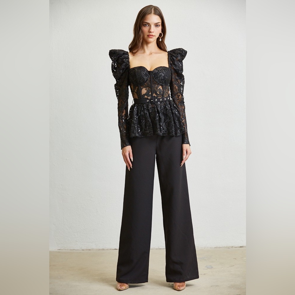 80. High END - Claire Power Shoulder Lace Top and Pant Set in Black